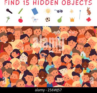 Oggetti nascosti. Cerca elementi, trova elementi nell'immagine. I bambini giocano in modo consapevole, rompicapo logico. Folla di persone, diversi vettori di comunità multiculturali. Illustrazione di un rompicapo per applicazioni didattiche. Oggetti nascosti. Cerca elementi, trova elementi nell'immagine. I bambini giocano in modo consapevole, rompicapo logico. Folla di persone, comunità multiculturali diverse background vettoriale decente Illustrazione Vettoriale