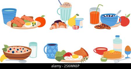 Cibo diverso per la colazione. Serve un pasto, un piatto salutare cucinato per cena o pranzo. Menu mattutino tradizionale, brindisi e bevande. Brunch con un discreto kit vettoriale. Illustrazione della colazione, del pranzo e della cena. Cibo diverso per la colazione. Serve un pasto, un piatto salutare cucinato per cena o pranzo. Menu mattutino tradizionale, brindisi e bevande. Brunch con un discreto kit vettoriale Illustrazione Vettoriale