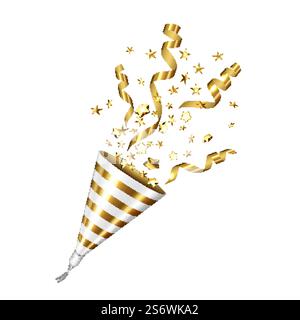 Party Popper Explosion con Foil Ribbon Vector. Accessorio Popper esplosivo per festeggiare le festività natalizie e complimenti. Illustrazione 3d realistica modello strumento festivo. Party Popper Explosion con Foil Ribbon Vector Illustrazione Vettoriale