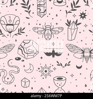 Stampa in stile bohémien. Mistica di linea, la natura delinea lo sfondo. Insetti, serpenti, pipistrelli, stelle e luna. Simboli Magic boho motivo vettoriale senza cuciture. Illustrazione della luna del tatuaggio e dello schema esoterico. Stampa in stile bohémien. Elementi mistici di linea, la natura delinea lo sfondo decorativo. Insetti, serpenti, pipistrelli, stelle e luna. Simboli Magic boho motivo vettoriale senza cuciture Illustrazione Vettoriale