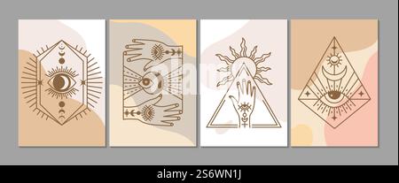 Eleganti carte esoteriche. Elementi di linea mistici, modello per striscioni d'arte moderna. Set di poster vettoriali per forme liquide astratte e insegne magiche. Illustrazione schizzo esoterico, poster boho astrologico. Eleganti carte esoteriche. Elementi di linea mistici, modello per striscioni d'arte moderna. Set di poster vettoriali per forme liquide astratte e insegne magiche Illustrazione Vettoriale