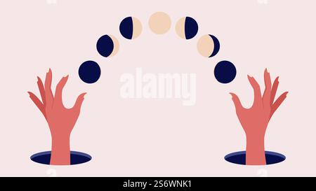 Mani magiche che tengono fasi lunari. Concetto di vettore mistico astratto. Illustrazione di gesti esoterici magici, tocco di mano e stregoneria. Mani magiche che tengono fasi lunari. Concetto di vettore mistico astratto Illustrazione Vettoriale