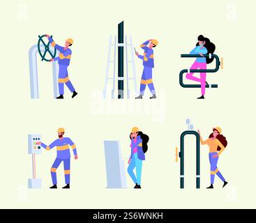Industria petrolifera. Diversità dei lavoratori tecnici i caratteri professionali dei servizi industriali delle tubature fanno apparire le illustrazioni piatte vettoriali il concetto stilizzato. Lavoratore industriale e ingegnere professionista. Industria petrolifera. Diversità dei lavoratori tecnici i caratteri professionali dei servizi industriali delle tubature fanno apparire le illustrazioni piatte vettoriali il concetto stilizzato Illustrazione Vettoriale