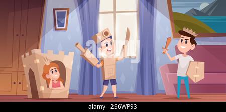 Giochi per bambini in scatole. Attività divertenti all'aperto attrazioni in cartone per scoprire lo sfondo dei cartoni animati vettoriali dell'universo. I bambini giocano in cartone, castello e spada, scudo e illustrazione della corona. Giochi per bambini in scatole. Attività divertenti all'aperto attrazioni in cartone per scoprire lo sfondo dei cartoni animati vettoriali dell'universo Illustrazione Vettoriale