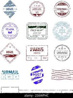 Grunge stamp. I telai rotondi postali presentano linee vuote striate per i timbri i modelli vettoriali sgargianti. Immagine del telaio del francobollo, grunge dell'ufficio postale. Grunge stamp. I telai rotondi postali presentano linee vuote striate per i timbri i modelli vettoriali sgargianti Illustrazione Vettoriale