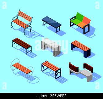 Banchi isometrici. L'esterno urbano moderno arredamento urbano urbano, le comode panche in legno, le immagini vettoriali sono isolate. Illustrazione di una panca isometrica, moderna urbana all'aperto. Banchi isometrici. L'esterno urbano moderno arredamento urbano urbano, le comode panche in legno, le immagini vettoriali sono isolate Illustrazione Vettoriale