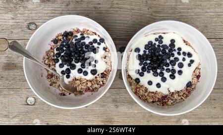 Colazione salutare al rifugio di montagna, muesli con mirtilli freschi e yogurt Foto Stock