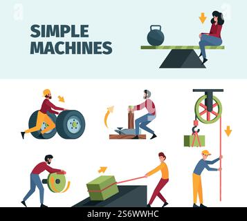 Meccanismo semplice. Forza fisica forza di lavoro della macchina ingranaggio vettore di guarnitura dai processi. Illustrazione della fisica didattica e del movimento meccanico. Meccanismo semplice. Forza fisica forza di lavoro della macchina ingranaggio vettore di guarnitura dai processi Illustrazione Vettoriale