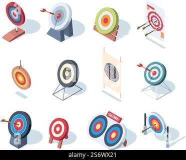 Obiettivi del round. Giochi di dartboard ad alte prestazioni obiettivi di successo per tiro con l'arco e frecce fanno apparire le illustrazioni isometriche vettoriali. Obiettivo e tabellone da disegno, targeting accurato per il bersaglio. Obiettivi del round. Giochi di dartboard ad alte prestazioni obiettivi di successo per tiro con l'arco e frecce fanno apparire le illustrazioni isometriche vettoriali Illustrazione Vettoriale
