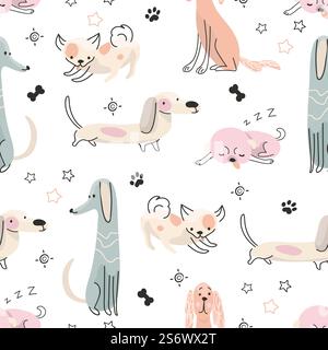 Impronta del cane Doodle. Cani divertenti motivo senza cucciolo, cucciolo scandinavo da disegno infantile. Design in tessuto con animali domestici, sfondo vettoriale degli animali della linea di neve. Immagine di sfondo senza cuciture con motivo animale. Impronta del cane Doodle. Cani divertenti motivo senza cucciolo, cucciolo scandinavo da disegno infantile. Design in tessuto con animali domestici da cartone animato, sfondo vettoriale degli animali da linea ormai fuori moda Illustrazione Vettoriale