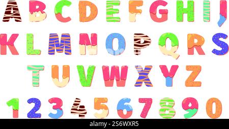 Ciambelle lettere dell'alfabeto. Simboli del cibo testo icone divertenti numeri e lettere modelli colorati sfoggiano l'alfabeto delle torte vettoriali. Lettera dell'alfabeto illustrativo da dolce, panetteria per torte. Ciambelle lettere dell'alfabeto. Simboli del cibo testo icone divertenti numeri e lettere modelli colorati sfoggiano l'alfabeto delle torte vettoriali Illustrazione Vettoriale