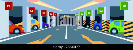 Parcheggio sotterraneo. Stazione di auto urbana moderno parcheggio panoramico ai piani dell'edificio, sfondo vettoriale piatto. Parcheggio sotterraneo per auto, illustrazione nel garage sotterraneo. Parcheggio sotterraneo. Stazione di auto urbana moderno parcheggio panoramico ai piani dell'edificio, sfondo vettoriale piatto Illustrazione Vettoriale