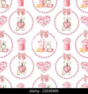 Motivo senza cuciture con orsacchiotto, scatole regalo, rose, ghirlanda di perle. Illustrazione ad acquerello dello sfondo di San Valentino per avvolgere carta o tessuto Foto Stock