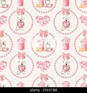 Motivo senza cuciture con orsacchiotto, scatole regalo, rose, ghirlanda di perle. Illustrazione ad acquerello dello sfondo di San Valentino per avvolgere carta o tessuto Foto Stock