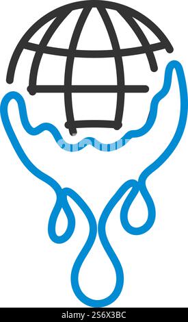 Icona pianeta con acqua in discesa. Contorno grassetto modificabile con disegno riempimento colore. Illustrazione vettoriale. Illustrazione Vettoriale