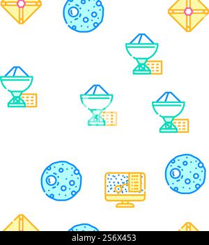 Illustrazione della linea di colore della ripetizione senza giunture vettoriale dell'attrezzatura di ricerca spaziale. Icone strumenti ricerca spazio Imposta vettore Illustrazione Vettoriale