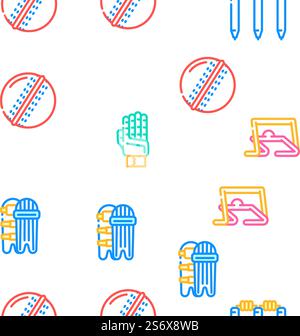 Illustrazione della linea di colore con motivo senza cuciture del vettore dell'accessorio di gioco sportivo Cricket. Icone degli accessori per il gioco Cricket Sport Set Vector Illustrazione Vettoriale