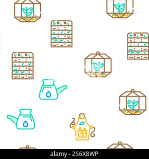 Accessori per la cura e l'impianto in vaso illustrazione della linea di colore del modello senza cuciture vettoriale. Icone degli accessori per la cura e l'impianto in vaso Set Vector Illustrazione Vettoriale