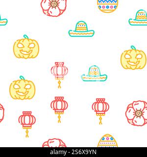 Accessori per festività, illustrazione della linea di colori con motivo senza cuciture vettoriale. Icone accessori festività natalizie Set Vector Illustrazione Vettoriale