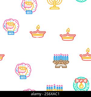 Accessori per festività, illustrazione della linea di colori con motivo senza cuciture vettoriale. Icone accessori festività natalizie Set Vector Illustrazione Vettoriale