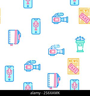 Illustrazione della linea di colore del motivo senza cuciture vettoriale della collezione di accessori giornalista. Le icone della collezione di accessori giornalista impostano illustrazioni vettoriali Illustrazione Vettoriale