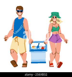 vettore scatola refrigerata. frigorifero per ghiaccio, birra fresca, drink da picnic estivo, scatola frigo con congelatore blu aperto. persone illustrazione a fumetti piatta. vettore scatola refrigerata Illustrazione Vettoriale