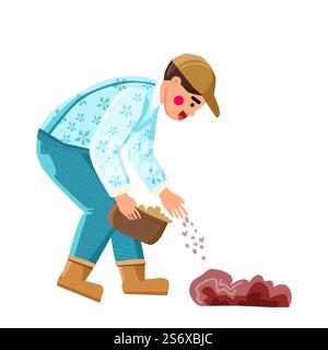 Fertilizzante per erba che mette il giardiniere in Ground Vector. Man Farmer ha messo fertilizzante per erba per la cura delle piante naturali. Illustrazione di carattere natura cura con concime chimico Bio Cartoon piatto. Fertilizzante per erba che mette il giardiniere in Ground Vector Illustrazione Vettoriale