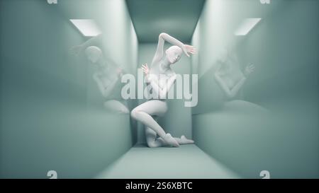 Donna astratta all'interno di un corridoio stretto. Concetto di ansia e pensiero eccessivo. Questa è un'illustrazione di rendering 3D. Foto Stock