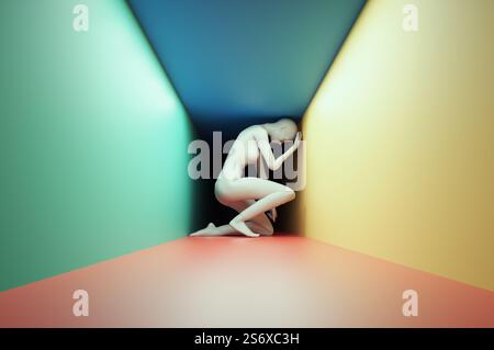 Donna astratta all'interno di un corridoio stretto. Concetto di ansia e pensiero eccessivo. Questa è un'illustrazione di rendering 3D. Foto Stock