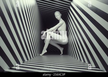 Donna astratta all'interno di un corridoio stretto. Concetto di ansia e pensiero eccessivo. Questa è un'illustrazione di rendering 3D. Foto Stock