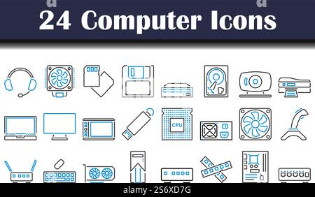 Insieme di icone del computer. Contorno grassetto modificabile con disegno riempimento colore. Illustrazione vettoriale. Illustrazione Vettoriale