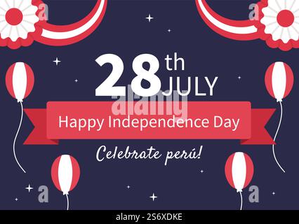 Felici Fiestas Patrias o illustrazione cartoni animati del giorno dell'indipendenza peruviana con bandiera per la Festa Nazionale del Perù il 28 luglio sullo sfondo piatto Illustrazione Vettoriale