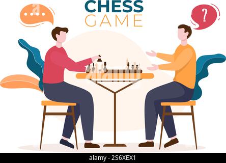 Chess Board Game Cartoon background Illustration con due persone sedute l'una di fronte all'altra e giocando per l'attività di Hobby in stile piatto Illustrazione Vettoriale