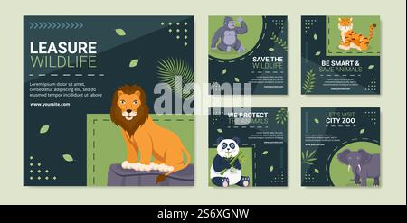Wildlife Park Animali Social Media Post Template Flat Cartoon background Vector Illustration Illustrazione Vettoriale