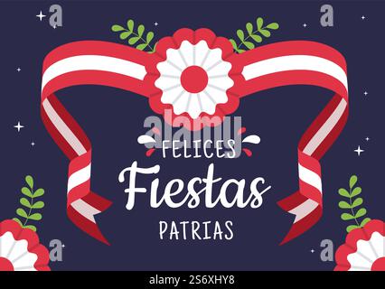 Felici Fiestas Patrias o illustrazione cartoni animati del giorno dell'indipendenza peruviana con bandiera per la Festa Nazionale del Perù il 28 luglio sullo sfondo piatto Illustrazione Vettoriale