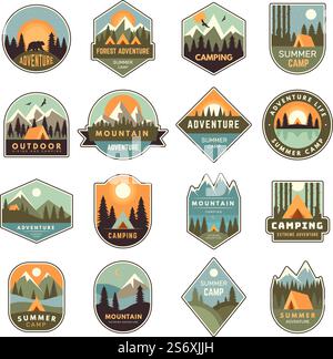 Badge per il campo estivo. L'esplorazione delle montagne etichetta avventura all'aperto di scout nella foresta emblema della natura recenti modelli vettoriali impostati isolati. Immagine del logo del simbolo, montagna della foresta. Badge per il campo estivo. L'esplorazione delle montagne etichetta avventura all'aperto di scout nella foresta emblema della natura recenti modelli vettoriali impostati isolati Illustrazione Vettoriale