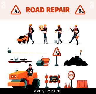 Costruttori di strade. Macchina per la manutenzione e strumenti di supporto per la riparazione di immagini vettoriali per strade stradali. Illustrazione della costruzione e del costruttore di attrezzature stradali. Costruttori di strade. Macchina per la manutenzione e strumenti di supporto per la riparazione di immagini vettoriali per strade stradali Illustrazione Vettoriale