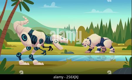 Gli animali combattono. Acciaio corazzato futuristico arrabbiato tecnologie intelligenti selvatiche trasformatori animali esatto sfondo vettoriale dei cartoni animati. Illustrazione della tecnologia robotica, dinosauro e cartone animato di orsi. Gli animali combattono. Acciaio corazzato futuristico arrabbiato tecnologie intelligenti selvatiche trasformatori animali esatto sfondo vettoriale dei cartoni animati Illustrazione Vettoriale