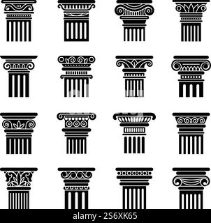 Pilastri antichi. Colonne decorative floreali stilizzate greche per la mostra storica del museo, simboli piatti vettoriali recenti, isolati. Illustrazione della colonna e dei pilastri dell'architettura. Pilastri antichi. Colonne decorative floreali stilizzate greche per la mostra storica del museo, simboli piatti vettoriali recenti, isolati Illustrazione Vettoriale