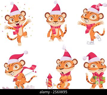 Tigre di Capodanno. Il carino animale selvaggio in azione posa la tigre nella celebrazione invernale rossa cappello di babbo natale vettore esatto personaggio promozionale 2022 yer. Animale personaggio della tigre per l'illustrazione del nuovo anno. Tigre di Capodanno. Il carino animale selvaggio in azione posa la tigre nella celebrazione invernale rossa cappello di babbo natale vettore esatto personaggio promozionale 2022 yer Illustrazione Vettoriale