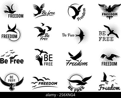 Logo Flying Birds. Simboli stilizzati di libertà tipografia badge redazione identità modelli aziendali raccolta vettoriale recente. Immagine del logotipo di silhouette dell'uccello. Logo Flying Birds. Simboli stilizzati di libertà tipografia badge redazione identità modelli aziendali raccolta vettoriale recente Illustrazione Vettoriale