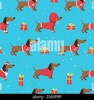 Schema di dachshund. Modello decorativo con cani allegri per Natale in maglioni in maglia sfondo senza cuciture vettoriale per progetti di design tessile. Illustrazione dello sfondo del motivo di dachshund. Schema di dachshund. Modello decorativo con cani allegri per Natale in maglioni in maglia sfondo senza cuciture vettoriale per progetti di design tessile Illustrazione Vettoriale