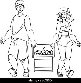 vettore scatola refrigerata. frigorifero per ghiaccio, birra fresca, drink da picnic estivo, scatola frigo con congelatore blu aperto. persone con linea nera che disegnano immagini vettoriali. vettore scatola refrigerata Illustrazione Vettoriale