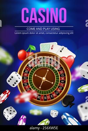 Poster del casinò. Cartellone pubblicitario con dadi della roulette e monete colorate cerchio di gioco volantino vettoriale decente con posto per il testo. Illustrazione del banner di sfondo del casinò. Poster del casinò. Cartellone pubblicitario con dadi della roulette e monete colorate cerchio di gioco volantino vettoriale decente con posto per il testo Illustrazione Vettoriale