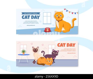 International Cat Day Social Media Banner Template Flat Cartoon background Vector Illustration Illustrazione Vettoriale