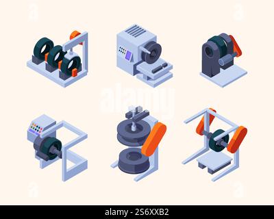 Produzione di pneumatici. La produzione di macchine per ingranaggi automobilistici è in fase di produzione di servizi tecnologici industriali per la produzione di illustrazioni isometriche vettoriali di pneumatici. Macchinari per automobili, pneumatici per la produzione di automobili. Produzione di pneumatici. La produzione di macchine per ingranaggi automobilistici è in fase di produzione di servizi tecnologici industriali per la produzione di pneumatici che presentano illustrazioni isometriche vettoriali sgargianti isolate Illustrazione Vettoriale