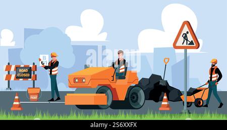 Costruttori di riparazioni stradali. Lavoro tecnico in città con processi di avviso per la manutenzione della macchina supporto al traffico stradale sfondo di cartoni animati vettoriali sgargianti. Illustrazione della riparazione di lavori stradali. Costruttori di riparazioni stradali. Lavoro tecnico in città con processi di avviso per la manutenzione della macchina supporto al traffico stradale sfondo di cartoni animati vettoriali sgargianti Illustrazione Vettoriale
