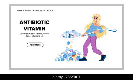 vettore vitaminico antibiotico. pillola di medicina, capsula di mano, farmaco mangiare antibiotico vitamine web illustrazione di fumetto piatto. vettore vitaminico antibiotico Illustrazione Vettoriale
