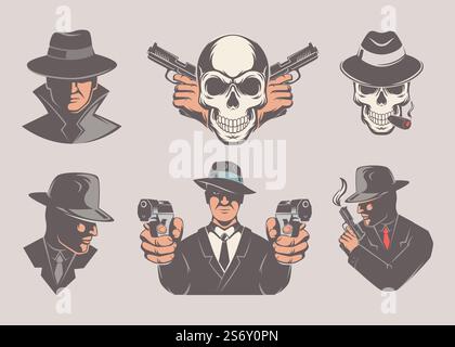 Emblema gangster. Distintivi neri set di banditi mafiosi gangsta ghetto catene di bastoni della polizia e teschio logotipo stilizzato vettoriale esatto con posto per il testo. Illustrazione del design dell'emblema gangster. Emblema gangster. Distintivi neri set di banditi mafiosi gangsta ghetto catene di bastoni della polizia e teschio logotipo stilizzato vettoriale esatto con posto per il testo Illustrazione Vettoriale