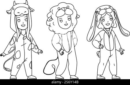 Bambini che indossano divertenti pigiami animali insieme Vector. Bambini ragazzo e ragazza in mucca, leone e coniglietto carino pigiama animale. Personaggi in elegante illustrazione sulla linea nera del Festival Clothing. Bambini che indossano divertenti pigiami animali insieme Vector Illustrazione Vettoriale